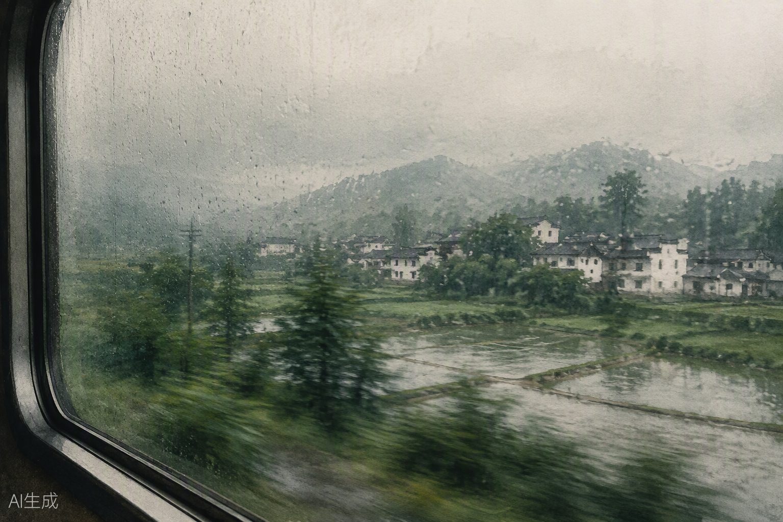 概念氛围图：雨天火车窗外模糊的南方乡村